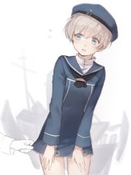 Rule 34 | 10s, 1girl, beret, blue eyes, blush, clothes grab, clothes pull, clothes writing, hat, kantai collection, military, military uniform, open mouth, sailor collar, sailor hat, shirt pull, short hair, silver hair, solo, tomari (veryberry00), uniform, z1 leberecht maass (kancolle)