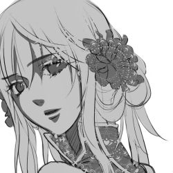 Rule 34 | 1girl, bare shoulders, chinese clothes, eyelashes, flat color, flower, greyscale, hair flower, hair ornament, long hair, looking at viewer, looking back, monochrome, original, parted lips, portrait, simple background, sketch, solo, tiangong su, white background