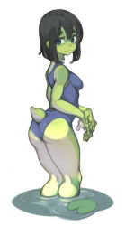 Rule 34 | 1girl, absurdres, ass, black hair, blue eyes, breasts, colored skin, furry, green skin, highres, lentiyay, lily pad, looking back, medium breasts, short hair, standing in water, swimsuit, tail, thick eyebrows, water