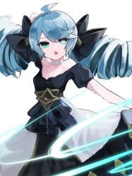 Rule 34 | 1girl, :o, absurdres, ahoge, arm up, black bow, blue eyes, blue hair, bow, cowboy shot, dress, drill hair, fang, gloves, green eyes, gwen (league of legends), hair bow, highres, league of legends, long hair, looking at viewer, nacoty, off-shoulder dress, off shoulder, puffy short sleeves, puffy sleeves, short sleeves, simple background, skin fang, solo, twin drills, white background