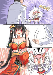 Rule 34 | 2girls, 3koma, azur lane, beret, black hair, blush, bow, breast envy, breasts, cleavage, collarbone, comic, commander (azur lane), crop top, crying, crying with eyes open, dragon girl, dragon horns, dragon tail, flailing, gloves, hair between eyes, hair bow, hat, highres, hm (hmongt), horns, jacket, japanese clothes, kimono, large breasts, long hair, long sleeves, mask, mask on head, midriff, military jacket, multiple girls, navel, neckerchief, off shoulder, orange neckerchief, pink hair, pleated skirt, red eyes, red kimono, red skirt, ryuujou (azur lane), shirt, silent comic, skirt, streaming tears, striped, striped bow, taihou (azur lane), tail, tears, twintails, twitter username, very long hair, white gloves, white hat, white jacket, white shirt, wide sleeves