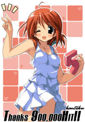 Rule 34 | 00s, 1girl, ;d, ahoge, bare arms, bare shoulders, black eyes, blue dress, blush, brown hair, collarbone, dress, folded ponytail, kantoku, komaki manaka, layered dress, looking at viewer, milestone celebration, one eye closed, open mouth, pleated dress, pleated skirt, short dress, simple background, skirt, sleeveless, sleeveless dress, smile, solo, to heart (series), to heart 2, white dress