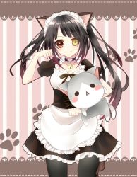 Rule 34 | 10s, 1girl, animal ears, apron, artist request, bell, cat ears, clock eyes, collar, date a live, maid, maid apron, maid headdress, striped, striped background, stuffed toy, symbol-shaped pupils, tokisaki kurumi, twintails
