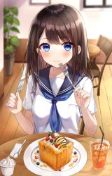 Rule 34 | 1girl, absurdres, blue eyes, blurry, blurry background, blush, breasts, brown hair, cake, collarbone, commentary request, cup, drinking glass, drinking straw, food, fork, glass, hands up, highres, holding, holding fork, holding knife, holding spoon, huge filesize, ice cream, indoors, knife, long hair, looking at viewer, medium breasts, neckerchief, original, parum39, plant, plate, potted plant, sailor collar, school uniform, serafuku, shirt, sitting, solo, spoon, sundae, table, upper body, white shirt, wooden chair, wooden floor, wooden table