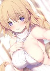 Rule 34 | 1girl, armpits, bare shoulders, blonde hair, blurry, braid, breasts, cleavage, depth of field, fate/grand order, fate (series), hair between eyes, hand on own chest, jeanne d&#039;arc (fate), jeanne d&#039;arc (ruler) (fate), large breasts, long hair, looking at viewer, meme attire, miko (royal milk), purple eyes, ribbed sweater, selfie, single braid, sleeveless, sleeveless turtleneck, smile, solo, sweater, turtleneck, upper body, very long hair, virgin killer sweater