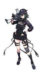 Rule 34 | 1girl, alpha transparency, belt, black gloves, counter:side, covered navel, fingerless gloves, gloves, green hair, gun, hand on own hip, hat, highleg, highres, holding, holding gun, holding weapon, knee pads, laika (counter:side), official art, second-party source, short shorts, shorts, single knee pad, socks, solo, tachi-e, transparent background, trigger discipline, utility belt, weapon, weapon request, yellow eyes