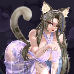 1girl animal_ear_fluff animal_ears breasts brown_hair cat_ears cat_fantasy cat_girl cat_tail celena_(cat_fantasy) cleavage dress earrings gem_hair_ornament hair_ornament jewelry large_breasts long_bangs long_hair looking_at_viewer open_mouth paw_pose purple_dress see-through_clothes see-through_dress shiny_clothes simple_background sparkle tail takie_arts thighs very_long_hair yellow_eyes