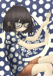 Rule 34 | 1girl, animal print, bags under eyes, black nails, blue background, blue shirt, brown hair, cat print, chiyo maru, closed mouth, commentary request, feet out of frame, glasses, green eyes, hand on wall, hands up, highres, invisible wall, looking at viewer, messy hair, orange shorts, original, polka dot, polka dot background, polka dot shirt, shirt, short sleeves, shorts, signature, sitting, solo, t-shirt, two-tone background, two-tone shirt, white background, white shirt, wide-eyed