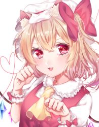 Rule 34 | 1girl, :3, animal ears, arms up, ascot, blonde hair, blush, breasts, cat ears, crystal, eyelashes, flandre scarlet, frilled shirt collar, frills, hair between eyes, hair ribbon, hat, head tilt, heart, heart of string, kemonomimi mode, kuramira, light blush, looking at viewer, mob cap, open mouth, paw pose, puffy short sleeves, puffy sleeves, red eyes, red vest, ribbon, shirt, short hair, short sleeves, side ponytail, simple background, small breasts, smile, solo, string, string of fate, touhou, upper body, vest, white background, white shirt, wings, wrist cuffs, yellow ascot