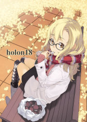 Rule 34 | 1girl, argyle, argyle clothes, argyle legwear, asymmetrical bangs, bench, blonde hair, boots, brown eyes, food, from above, glasses, ice cream, looking at viewer, mura (kanojo no oukoku), original, over-kneehighs, plaid, plaid legwear, scarf, sitting, sleeves past wrists, solo, spoon, striped clothes, striped scarf, thighhighs