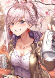 Rule 34 | 1girl, alcohol, beer, blue eyes, breasts, casual, cherry blossoms, chopsticks, cleavage, collarbone, earrings, fate/grand order, fate (series), folded ponytail, food, grin, highres, hood, jacket, jewelry, ks (xephyrks), light purple hair, long hair, looking at viewer, medium breasts, miyamoto musashi (fate), noodles, smile, solo, udon, upper body