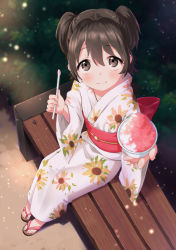 Rule 34 | 10s, 1girl, akagi miria, alternate costume, bad id, bad pixiv id, bench, black hair, blush, closed mouth, commentary, dirt road, drinking straw, feeding, feet, floral print, food, foreshortening, from above, furururu, geta, grey eyes, hair between eyes, holding, holding drinking straw, holding food, holding spoon, idolmaster, idolmaster cinderella girls, incoming food, japanese clothes, kimono, light particles, looking at viewer, night, no socks, obi, outdoors, outstretched arm, plant, pov, pov feeding, road, sash, shaved ice, short eyebrows, short hair, short twintails, sitting, smile, solo, spoon, sunflower print, toes, twintails, two side up, white kimono
