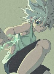 Rule 34 | 1boy, blank eyes, blue eyes, child, electricity, enoki (gongindon), expressionless, fighting stance, highres, hunter x hunter, killua zoldyck, looking at viewer, male focus, short hair, shorts, simple background, solo, spiked hair, tank top, white hair