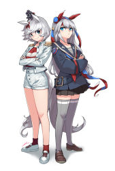 Rule 34 | 2girls, animal ears, blue eyes, bow, crossed arms, crossover, green eyes, grey legwear, highres, horse ears, horse girl, horse tail, long hair, long sleeves, md5 mismatch, midori no makibaoo, military, military uniform, multiple girls, pout, resolution mismatch, short hair, short shorts, shorts, simple background, smile, source smaller, standing, sungwon, tail, tamamo cross (umamusume), thighhighs, trait connection, umamusume, uniform, white background
