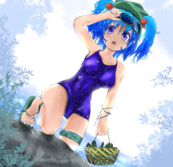 Rule 34 | 1girl, akure ekuto, basket, blue eyes, blue hair, breasts, covered navel, cucumber, goggles, goggles on head, hair bobbles, hair ornament, hat, highres, kawashiro nitori, key, matching hair/eyes, one-piece swimsuit, open mouth, sandals, school swimsuit, short hair, smile, solo, swimsuit, touhou, twintails, two side up, wet, wet clothes, wet swimsuit, wrench, wristband