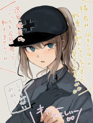 Rule 34 | 1girl, baseball cap, black hat, blue eyes, character request, cross, girls und panzer, gloves, grey gloves, grey jacket, hat, iron cross, jacket, looking at viewer, necro (nekurodayo), parted lips, ponytail, single glove, solo, translation request