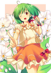 Rule 34 | 00s, 1girl, :d, ;d, ahoge, cowboy shot, floral background, flower, green hair, kitagawa unagi, looking at viewer, macross, macross frontier, microphone, midriff, one eye closed, open mouth, orange skirt, outside border, pointing, pointing at viewer, ranka lee, red eyes, skirt, smile, solo