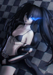 Rule 34 | 1girl, bare shoulders, belt, belt buckle, bikini, bikini top only, bikini under clothes, black hair, black jacket, black rock shooter, black rock shooter (character), black shorts, blue eyes, blue lips, blurry, breasts, brown belt, buckle, checkered background, closed mouth, collarbone, colored skin, commission, cowboy shot, dutch angle, expressionless, flaming eye, floating hair, front-tie bikini top, front-tie top, glowing, glowing eye, hair between eyes, jacket, legs together, lips, long hair, long sleeves, looking at viewer, looking to the side, navel, nose, off shoulder, open clothes, open jacket, scar, shade, short shorts, shorts, signature, small breasts, solo, standing, star (symbol), stomach, string bikini, striped clothes, striped jacket, swimsuit, twintails, umigraphics, unzipped, white skin, zipper, zipper pull tab