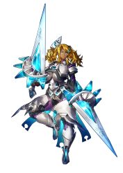 Rule 34 | 1girl, armor, blonde hair, blue eyes, breasts, brown gloves, closed mouth, dark-skinned female, dark skin, dual wielding, feet, female focus, full body, game cg, gloves, hair ornament, hairclip, hand up, highres, holding, holding sword, holding weapon, huge breasts, leg up, legs, long hair, looking at viewer, maou to shugo kishi, melon22, original, serious, solo, standing, standing on one leg, sword, thighs, transparent background, twintails, weapon