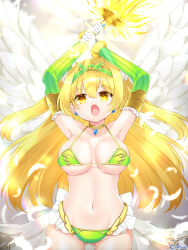 Rule 34 | 1girl, armpits, arms up, bikini, blonde hair, breasts, chain paradox, collarbone, copyright name, cowboy shot, feathered wings, gloves, glowing, glowing weapon, gluteal fold, green bikini, groin, hair between eyes, headpiece, highres, holding, holding sword, holding weapon, large breasts, long hair, navel, official art, open mouth, shikito (yawa0w0), solo, swimsuit, sword, very long hair, weapon, white gloves, white wings, wings, yellow eyes