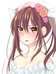 Rule 34 | 10s, 1girl, bare shoulders, blush, breasts, bridal veil, brown eyes, brown hair, cleavage, commentary request, dress, flower, hair flower, hair ornament, kantai collection, long hair, looking at viewer, portrait, solo, strapless, strapless dress, tone (kancolle), twintails, veil, wedding dress, yami (m31)