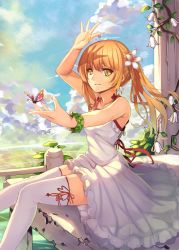 Rule 34 | 1girl, arm up, bug, butterfly, dress, insect, kaku-san-sei million arthur, long hair, long legs, million arthur (series), musyne xsk, open mouth, orange hair, original, smile, solo, thighhighs, twintails, white thighhighs, yellow eyes
