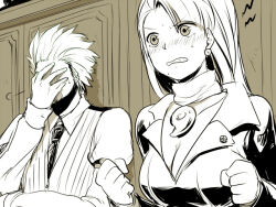 1boy 1girl ace_attorney angry blush diego_armando earrings facepalm formal_clothes godot_(ace_attorney) jacket jewelry long_hair magatama magatama_necklace mia_fey monochrome muucoo necklace necktie suit suit_jacket upper_body