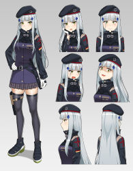 Rule 34 | 1girl, absurdres, beret, black thighhighs, blunt bangs, blush, boots, breasts, clenched teeth, closed mouth, clothes writing, combat knife, expressionless, expressions, facial mark, full body, german flag, girls&#039; frontline, gloves, green eyes, gun, h&amp;k usp, hair ornament, hand on own hip, hand on own cheek, hand on own face, handgun, hat, highres, hk416 (girls&#039; frontline), holster, holstered, jacket, knife, long hair, looking at viewer, looking away, medium breasts, multiple views, open mouth, plaid, plaid skirt, s-goon, shaded face, silver hair, simple background, skirt, teardrop, teeth, thigh holster, thighhighs, very long hair, weapon, yandere