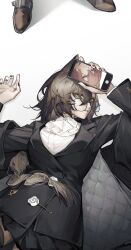 Rule 34 | 1girl, akechi (826988799), animal ears, arknights, arms up, ascot, bespectacled, black coat, black nails, brown footwear, brown hair, cellphone, coat, commentary request, cowboy shot, fiammetta (arknights), glasses, highres, long hair, long sleeves, lying, mole, mole above eye, on back, on floor, orange eyes, out of frame, parted lips, penance (arknights), phone, shirt, simple background, smartphone, solo focus, white ascot, white background, white shirt, wolf ears, wolf girl