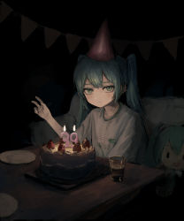 Rule 34 | 1girl, absurdres, alternate costume, aqua eyes, aqua hair, birthday cake, birthday party, cake, candle, casual, character doll, closed mouth, clothes writing, commentary request, cup, dark, drinking glass, food, hat, hatsune miku, highres, indoors, long hair, looking at viewer, party hat, plate, sakiika0513, shirt, short sleeves, sitting, smile, solo, spring onion, strawberry cake, t-shirt, table, twintails, v, vocaloid
