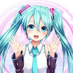 Rule 34 | 1girl, :d, abstract background, aqua hair, aqua necktie, asymmetrical bangs, bare shoulders, blue eyes, blush, collared shirt, detached sleeves, glowing, hair ornament, hands up, hatsune miku, head tilt, headset, long hair, long sleeves, looking at viewer, necktie, omoomomo, open mouth, palms, round teeth, see-through, shiny clothes, shirt, signature, smile, solo, tareme, teeth, thighhighs, twintails, upper body, very long hair, vocaloid, white shirt, wing collar, zettai ryouiki