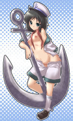 Rule 34 | 1girl, anchor, black hair, black outline, blouse, breasts, female focus, full body, green eyes, halftone, hat, highres, looking at viewer, murasa minamitsu, no panties, open clothes, open fly, open shirt, open shorts, outline, sailor, sailor hat, shirt, short hair, shorts, smile, solo, touhou, unzipped, white outline, yoshi tama