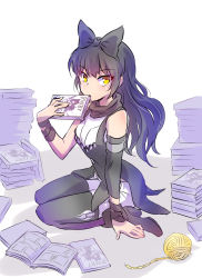 Rule 34 | 1girl, black hair, blake belladonna, bow, commentary request, hair bow, highres, iesupa, looking at viewer, manga (object), pantyhose, pile of books, product placement, rwby, solo, yarn, yarn ball