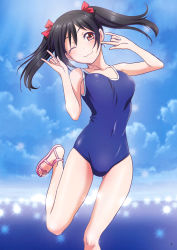 Rule 34 | 1girl, ;3, absurdres, black hair, blue one-piece swimsuit, blue sky, bouncing breasts, bow, breasts, cloud, collarbone, day, floating hair, gluteal fold, hair bow, highres, long hair, looking at viewer, love live!, love live! school idol project, medium breasts, nanno koto, ocean, one-piece swimsuit, one eye closed, outdoors, page number, red bow, red eyes, school swimsuit, sky, smile, solo, sparkle, standing, standing on one leg, swimsuit, twintails, yazawa nico