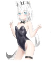 Rule 34 | 1girl, ahoge, akagi daimyoujin, animal ear fluff, animal ears, bare arms, black bow, black bowtie, black leotard, blush, bow, bowtie, braid, breasts, commentary request, detached collar, earrings, extra ears, fake animal ears, fox ears, fox girl, fox tail, green eyes, hair between eyes, highres, hololive, jewelry, leotard, long hair, looking at viewer, open mouth, playboy bunny, rabbit ears, shirakami fubuki, sidelocks, simple background, single braid, small breasts, solo, tail, thigh strap, virtual youtuber, white background, white hair