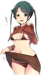 Rule 34 | 10s, 1girl, bikini, bikini under clothes, breasts, brown bikini, brown serafuku, brown skirt, clothes lift, cowboy shot, green hair, grey eyes, ippongui, kantai collection, lifting own clothes, long hair, micro bikini, mikuma (kancolle), open mouth, school uniform, serafuku, simple background, skirt, skirt lift, small breasts, solo, swimsuit, swimsuit under clothes, twintails, white background