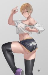 Rule 34 | 1girl, artist name, ass, bare shoulders, blonde hair, breasts, cropped shirt, feet out of frame, green eyes, grey background, hunyan, looking at viewer, medium breasts, midriff, original, shoes, short hair, short shorts, shorts, simple background, solo, standing, standing on one leg, thighhighs, watermark