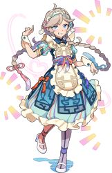 Rule 34 | 1boy, ahoge, apron, artist request, blue dress, blue eyes, blue flower, blue ribbon, blush, braid, brown hair, dress, fireworks, flower, frilled apron, frilled dress, frills, full body, grin, hair flower, hair ornament, hair ribbon, hands up, heart, high heels, highres, leg up, light blush, long hair, looking at viewer, maid, maid apron, maid headdress, male focus, nervous smile, non-web source, official alternate costume, official art, pantyhose, rain (world flipper), raised eyebrow, red flower, red ribbon, ribbon, sash, see-through, see-through sleeves, shoes, short sleeves, sidelocks, smile, solo, standing, standing on one leg, swept bangs, teeth, transparent background, trap, twin braids, twintails, very long hair, white footwear, world flipper, wrist cuffs, yellow apron
