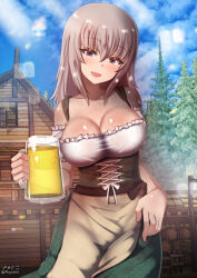 Rule 34 | 1girl, alcohol, barrel, beer, beer mug, blue eyes, blue sky, blush, breasts, cleavage, cloud, covered erect nipples, cup, dirndl, german clothes, girls und panzer, hair between eyes, half-closed eyes, highres, house, itsumi erika, large breasts, lens flare, long hair, looking at viewer, megadeko, mug, open mouth, outdoors, shiny skin, sky, smile, solo, teeth, tree, twitter username, white hair