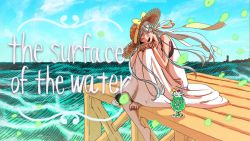 Rule 34 | 1girl, aqua hair, bad id, bad pixiv id, barefoot, bendy straw, blush, closed eyes, cocktail, cocktail umbrella, cup, day, dress, drinking glass, drinking straw, english text, fingernails, floating hair, foot dangle, hair ribbon, hat, hat ribbon, hatsune miku, head down, horizon, hurricane glass, knee up, long dress, long hair, nail polish, ocean, oonuma mon, open mouth, outdoors, own hands together, pier, red nails, ribbon, sitting, sky, sleeveless, sleeveless dress, smile, solo, straw hat, sun hat, tears, text focus, toenail polish, toenails, twintails, vocaloid, white dress, wind