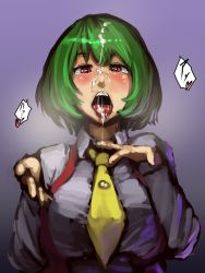 Rule 34 | 1girl, aftersex, blouse, blush, breasts, collared shirt, cum, cum in mouth, cum on hair, cum on tongue, cumdrip, facial, female focus, green hair, kazami yuuka, kikimifukuri, large breasts, long sleeves, necktie, open mouth, red eyes, shirt, short hair, solo, tongue, tongue out, touhou, upper body, yellow necktie