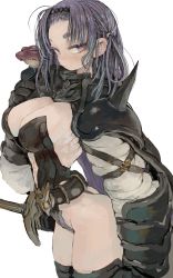 Rule 34 | 1girl, breasts, cleavage, cleavage cutout, clothing cutout, commentary, commentary request, ebimomo, grey hair, highres, large breasts, long hair, looking at viewer, original, purple eyes, simple background, solo, spikes, standing, thighhighs
