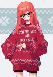 Rule 34 | 1girl, :p, absurdres, black shorts, blunt bangs, blush, christmas, christmas sweater, commentary, emi star, english commentary, english text, female focus, head tilt, highres, looking at viewer, orange hair, persona, persona 5, profanity, red eyes, red sweater, sakura futaba, shorts, smile, solo, sweater, tongue, tongue out, v