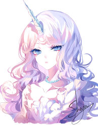 Rule 34 | 1girl, absurdres, artist name, bead necklace, beads, blue eyes, collarbone, dress, eyelashes, highres, horns, jewelry, long hair, looking at viewer, necklace, original, sheya, signature, silver hair, simple background, single horn, solo, upper body, white background, white dress