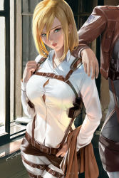 Rule 34 | 2girls, artist name, blonde hair, breasts, green eyes, harness, krista lenz, large breasts, lips, looking at viewer, multiple girls, pants, parted bangs, shingeki no kyojin, shirt, short hair, signature, solo focus, survey corps, survey corps (emblem), uniform, white shirt, ymir (shingeki no kyojin), zumi (zumidraws)