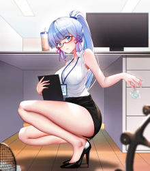 Rule 34 | 1girl, alternate costume, ayaka (genshin impact), bare arms, bare legs, bare shoulders, bespectacled, black footwear, black skirt, blue eyes, blue hair, blunt bangs, blurry, blush, breasts, bubble tea, censored, collared shirt, contemporary, crumpled paper, cup, depth of field, desk, disposable cup, drink, drinking straw, folder, from side, full body, genshin impact, glasses, hair ribbon, high heels, high ponytail, holding, holding folder, holding paper, id card, indoors, lanyard, legs, long hair, looking at viewer, looking to the side, miniskirt, mole, mole under eye, monitor, nail polish, office, office lady, outstretched arm, paper, patent heels, pencil skirt, pink ribbon, ponytail, pumps, racket, red-framed eyewear, ribbon, semi-rimless eyewear, shadow, shirt, shoes, sidelocks, skirt, sky wbo, sleeveless, sleeveless shirt, solo, squatting, stiletto heels, tennis racket, trash, tress ribbon, under-rim eyewear, white nails, wooden floor
