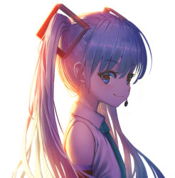 Rule 34 | 1girl, 39, aqua necktie, blue eyes, blue hair, closed mouth, detached sleeves, hatsune miku, headset, highres, long hair, looking at viewer, necktie, simple background, smile, solo, twintails, upper body, vocaloid, wakuwakumkg, white background