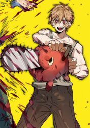 Rule 34 | 1boy, absurdres, animal, bare shoulders, black eyes, blonde hair, blood, blood on clothes, blood on face, blood splatter, bloody weapon, bright pupils, brown pants, chainsaw, chainsaw man, demon, denji (chainsaw man), dismemberment, dog, hair between eyes, highres, holding, holding animal, open mouth, pants, pochita (chainsaw man), red eyes, severed hand, sharp teeth, tank top, teeth, tongue, tongue out, v-shaped eyebrows, weapon, xi luo an ya, yellow background