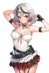 Rule 34 | 1girl, ahoge, arm strap, armpits, arms up, belt, black gloves, blush, braid, breasts, camisole, cleavage, closed mouth, collar, collarbone, cowboy shot, fingerless gloves, frills, garter straps, gloves, hair ornament, hairclip, heart, highres, hololive, looking at viewer, medium breasts, miniskirt, multicolored hair, pinki o64, plaid, plaid skirt, pleated skirt, red eyes, red skirt, sakamata chloe, short hair, silver hair, simple background, skirt, solo, studded belt, two-tone hair, virtual youtuber, white background, x hair ornament