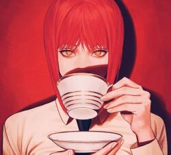 Rule 34 | 1girl, black necktie, blunt bangs, chainsaw man, close-up, collared shirt, cup, demon, demon girl, expressionless, holding, holding cup, holding saucer, looking at viewer, makima (chainsaw man), monhshur r, necktie, red hair, ringed eyes, saucer, shirt, sidelocks, solo, teacup, white shirt, yellow eyes